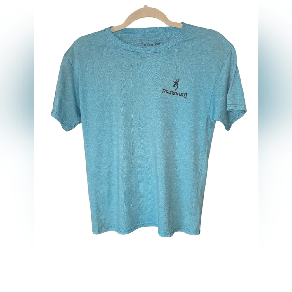 Browning‎ Youth Sky Blue Short Sleeve Tee Buck Logo Size Large Polyester/Cotton